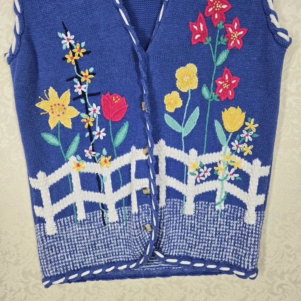 Vintage Koret Francisca Sweater Vest M Blue Floral Embroider Garden Cottagecore